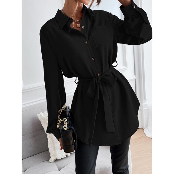 long sleeve Button down Belted tunic length Shirt black - Picture 1 of 11